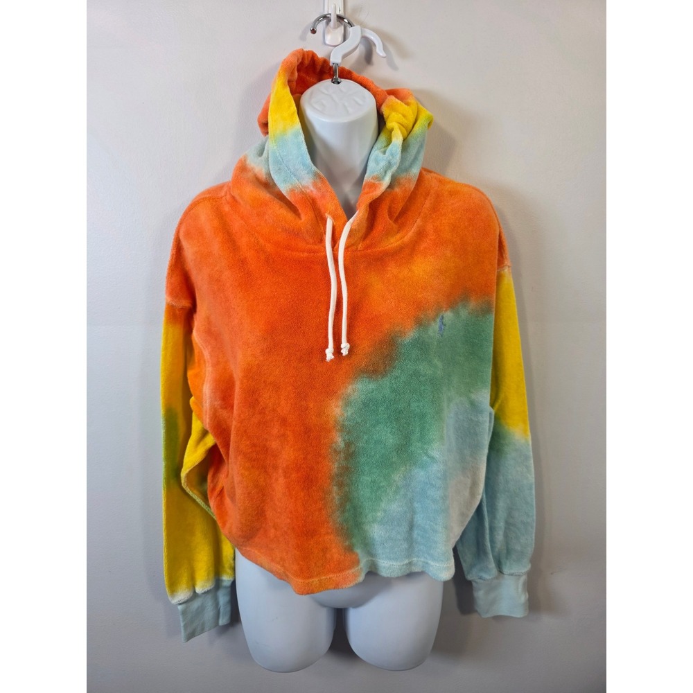 Polo Ralph Lauren Womens Tie Dye Terry Cloth Cropped Hoodie Orange Blue Size M